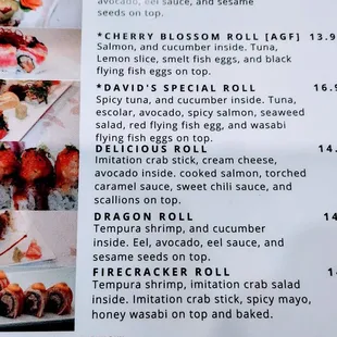 the menu of the sushi house