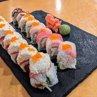 Lori's Special Roll (left) and the Rainbow Roll (right) without salmon. Both were goodl