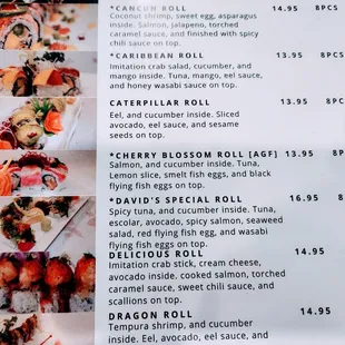 the menu for the sushi house