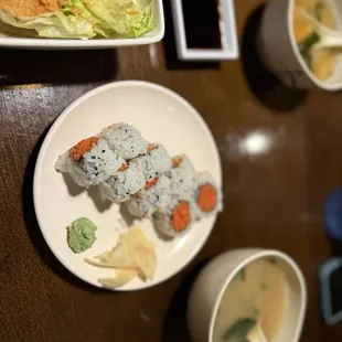 Spicy sushi roll, miso soup