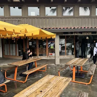 Outside eating area.  Not fancy but dog friendly.