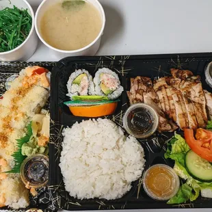 a variety of food items on a tray