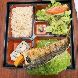 Saba Shioyaki Bento Box with brown rice.