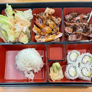 Happy Bento Box with Chicken Teriyaki, Beef Teriyaki, and California Roll ($16.95 + $2 extra for Beef Teriyaki)