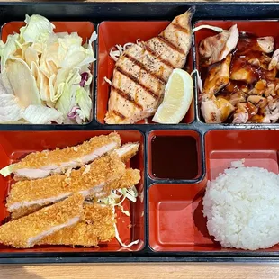 Happy Bento Box with Salmon Shioyaki, Chicken Teriyaki, and Chicken Katsu