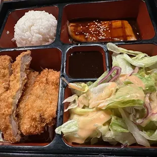 Chicken katsu and Salmon teriyaki bento box.