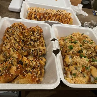 Left is Hugo roll. Right is mexican roll. Top are fried California rolls.