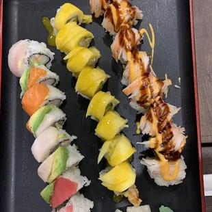 Rainbow roll, mango roll and spicy crab roll