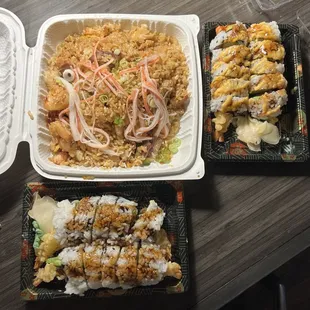 Spider roll and sushi hut fried rice