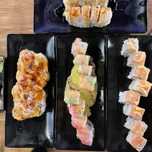 alaska roll, dynamite roll, mango style roll, and happy ending roll