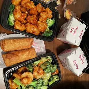2 Cheese Steak Egg Rolls, shrimp &amp; broccoli, General Tso&apos;s Chicken Steamed White Rice