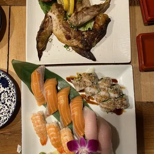 Top photo: Hamachi cheeks special  Bottom photo: Nigiri--salmon, hamachi and ebi; Unagi roll