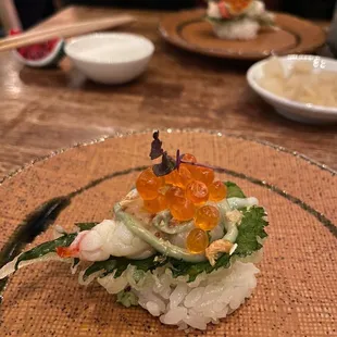 Tempura shiso leaf with shrimp and fish eggs