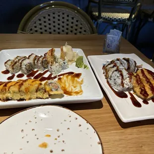 Spicy tuna tempura, tempura shrimp roll, and spider roll