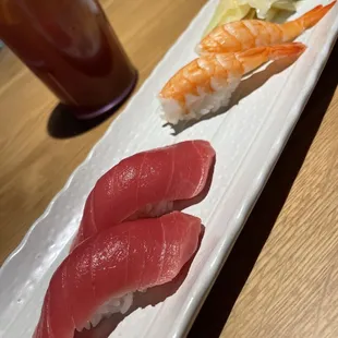 Tuna and shrimp nigiri. Delicious