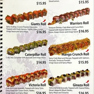 sushi and sashimi, menu