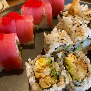 Red Rose Roll (left), Shrimp Tempura Roll (no mayo- right) both were fresh and tasty... a must order!