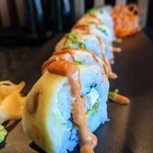 a close up of a sushi roll