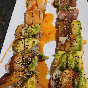 We love anything eel, shrimp tempura, spicy tuna, and thin sluced grilled beef!