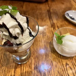 Custard pudding à la mode and yuzu gelato