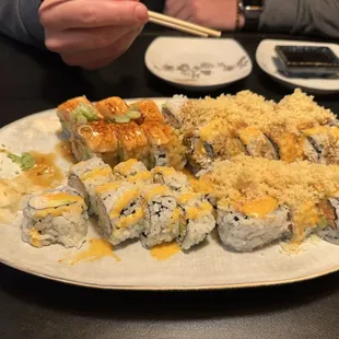 Torched salmon roll  Crispy spicy tuna California roll Sushi Japan roll
