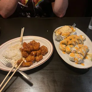 Orange Chicken Salmon Fire Bomber and a Spicy California Roll