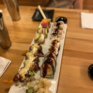 Rainbow, Golden Dragon Roll, Shrimp Tempura Roll, and Yellow Tail Roll