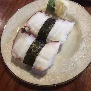 Octopus. Tako sushi. It was sweet tender and fresh, just right.