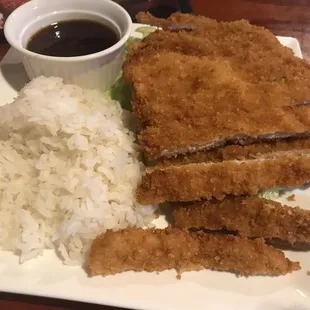 Pork katsu which was great. Crispy breading on a perfectly cooked and tender pork cutlet. Rice was outstanding