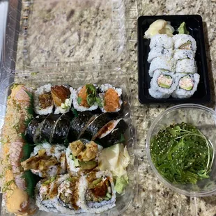 Island Roll, unagi roll, spicy salmon roll, spider roll, California roll with real crab, seaweed salad