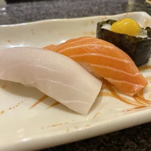 Second helping. Escolar.  Salmon. Quail egg nigiri. Rich and smooth.