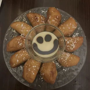 Dessert: Thai donuts with condensed milk and a happy chocolate face :-)