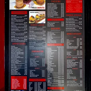 the menu for sushi joint