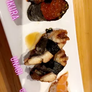 Ikura, unagi, garlic salmon