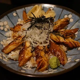 a blue and white plate of food