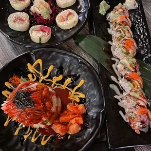Top Left: Oishi Roll, Middle Right: Crazy Dragon Roll, Bottom Left: Salmon Tower