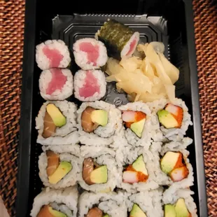 Salmon avocado roll, California roll, and Tuna roll (minus 1 piece that was eaten before pic was taken :D. I requested no wasabi.