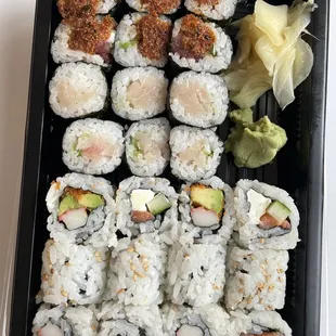 Philly roll, spicy tuna roll, California roll, yellow tail roll