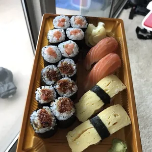 Salmon maki, spicy tuna maki, tomago and salmon nigiri