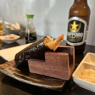 Shrimp tempura hand roll. Comes with crab and avocado, love the texture of this one!