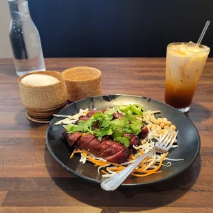 a plate of food and drink