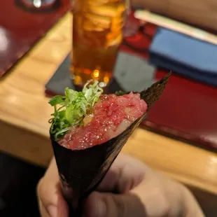 bluefin tuna belly (toro) temaki