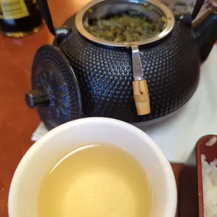 Excellent loose leaf green tea, just $1 ea, and stays piping hot in cast iron kettle :)