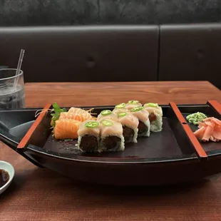 Hurricane roll and salmon sashimi
