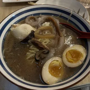 a bowl of ramen with hard boiled eggs