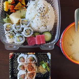 Katsu dinner and spicy tuna maki roll