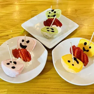 Strawberry, green tea, and mango mochi