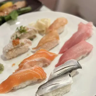 a plate of different types of sushi