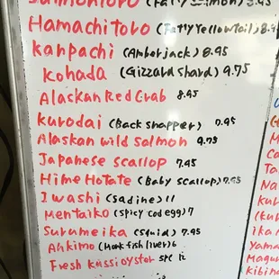 Specials board -- nigiri