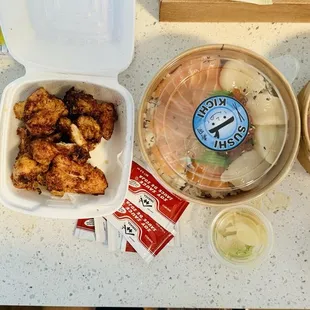 Our delicious Take-out; Salmon Scallop Ikura Don, Kaisen Don, fried Chicken Karaage and Shumai Shrimp Dumplings